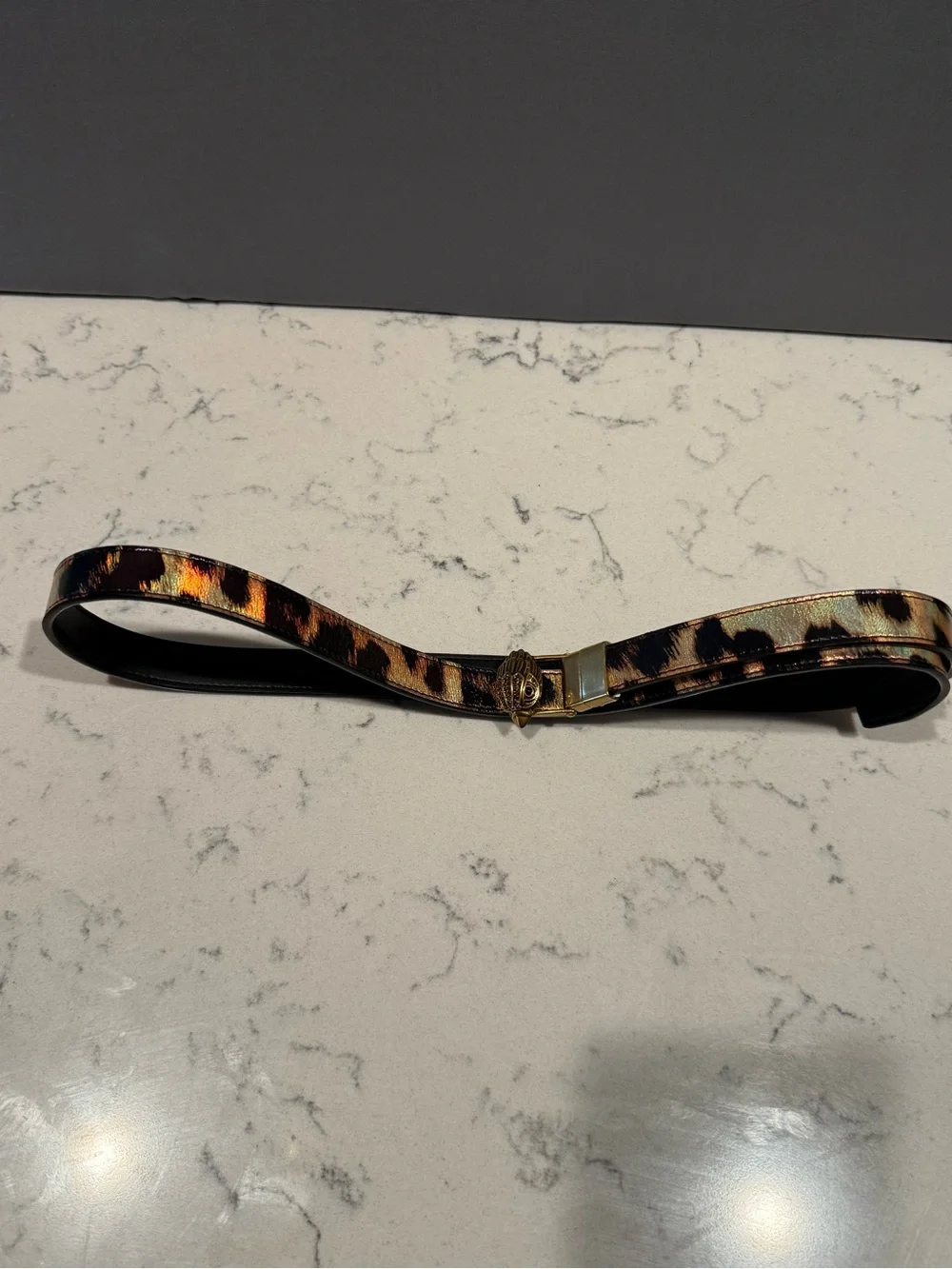 Kurt Geiger Metallic Black-Brown Leather Belt with Gold Bird-Head Buckle